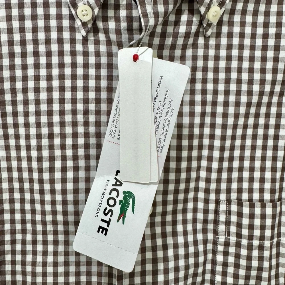 Lacoste Men's NWT Gingham 100% Cotton Button-Down Shirt in Brown and White - Picture 5 of 6